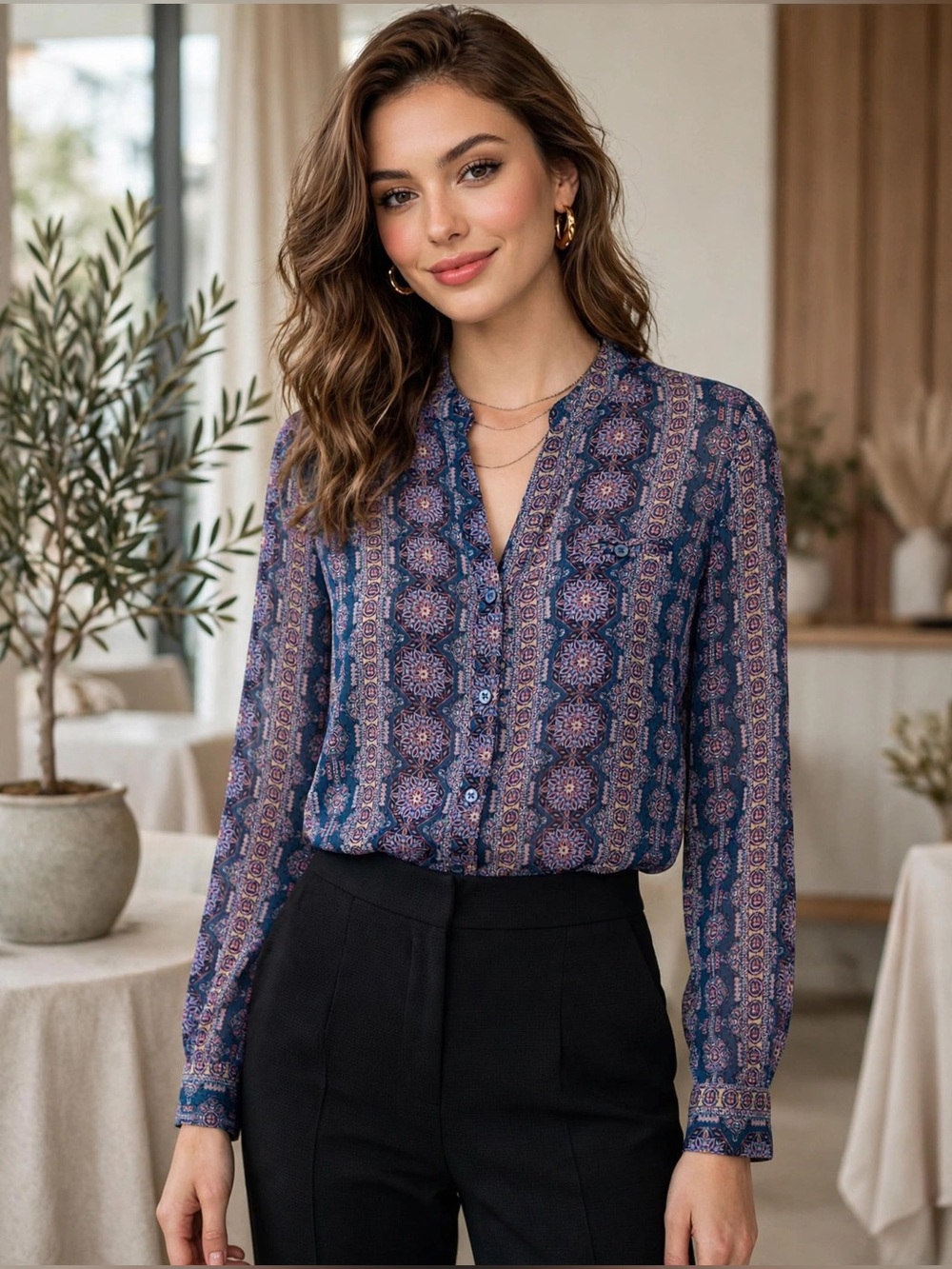 Kut from the Kloth Navy Pink & Purple Long-Sleeve Button Down Women’s Shirt